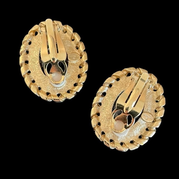 Vintage Givenchy Paris Goldtone And Faceted Black Cabochon Clip Earrings